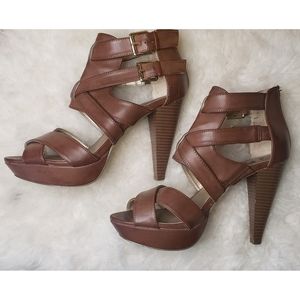 Guess Brown Strappy Gold Buckle Heel